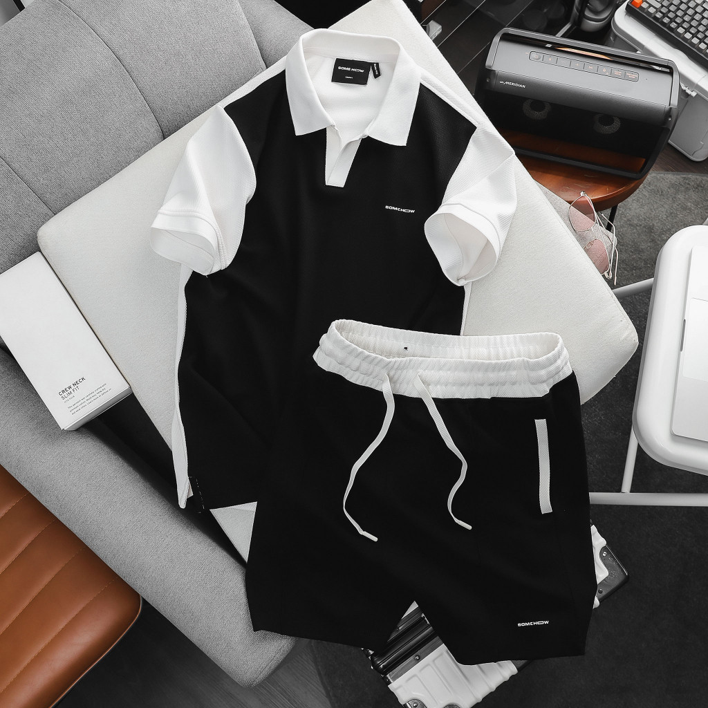 Set Nam Polo Black White Short, Chất Vải Cotton Dệt Mắt Cáo Thoải Mái, SB0014, SOMEHOW