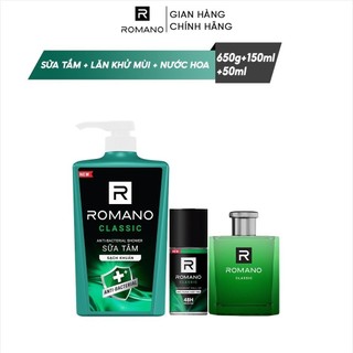 Combo Romano: Sữa tắm sạch khuẩn Classic 650G + Nước hoa Classic 50ml + Lăn khử mùi Classic 50ml
