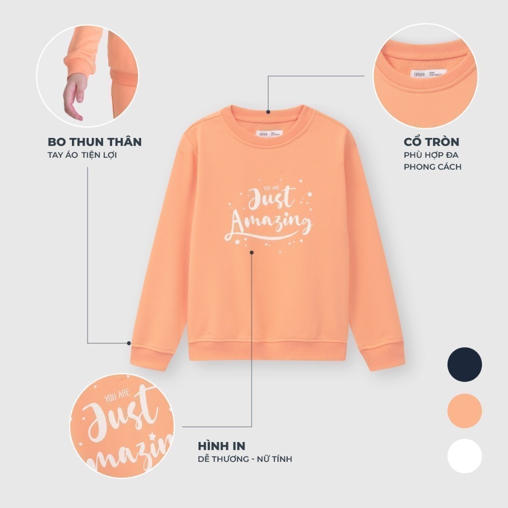 Áo nỉ bé gái CANIFA dài tay cổ tròn bo gấu có hình in 1TW23W007