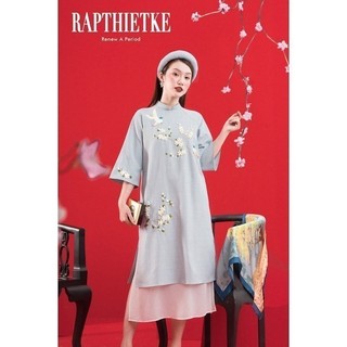 Rập - áo dài hoa đào xanh vạt trắng - freesize