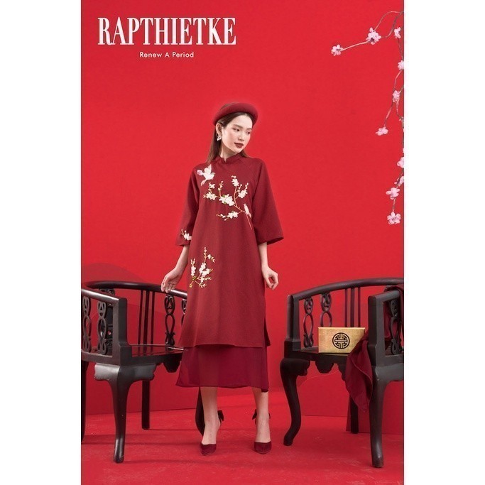 RẬP - Áo Dài Hoa Đào Đỏ Vạt Đỏ - FREESIZE