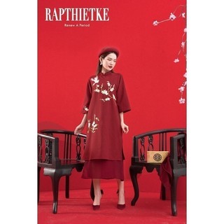 Rập - áo dài hoa đào đỏ vạt đỏ - freesize