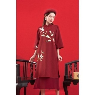 RẬP - Áo Dài Hoa Đào Đỏ Vạt Đỏ - FREESIZE