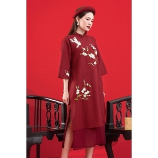RẬP - Áo Dài Hoa Đào Đỏ Vạt Đỏ - FREESIZE