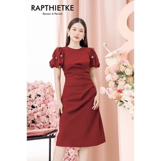 Rập - đầm cổ tròn tay đính hoa eo nhún - noel 06 đỏ