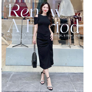 RẬP - Đầm Đen Cổ Tròn Đính Đá Tay Lỡ Hở Vai Xẻ Tà - LOVIE 07