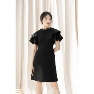 RẬP - Đầm Đen Tay Hai Tầng Đính Đá Trên Cổ - NUDE 05