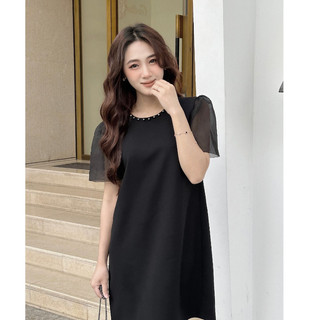 RẬP - Đầm Đen Tay Lưới Phồng Cổ Đính Hạt - TITI 04 HẠT 