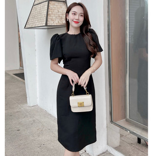 RẬP - Đầm Đen Tay Phồng Có Đính Hạt Cổ - TITI 06