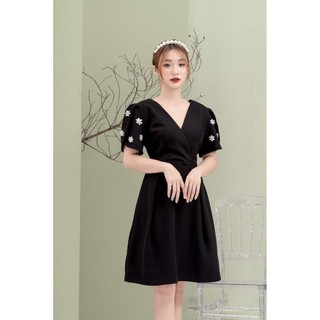 RẬP - Đầm Đen Thân Trước Chéo Tay Đính Đá - MINT 07