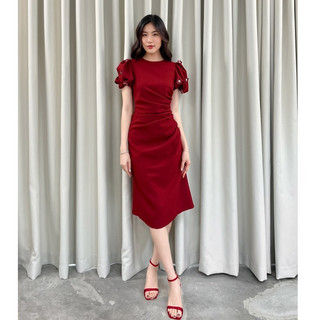 RẬP - Đầm Đỏ Cổ Tròn Tay Đính Hoa Eo Nhún - NOEL 06