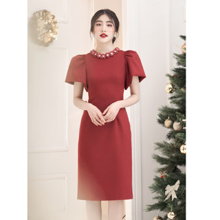 RẬP - Đầm Đỏ Tay Phồng Có Đính Hoa Cổ - TITI 06