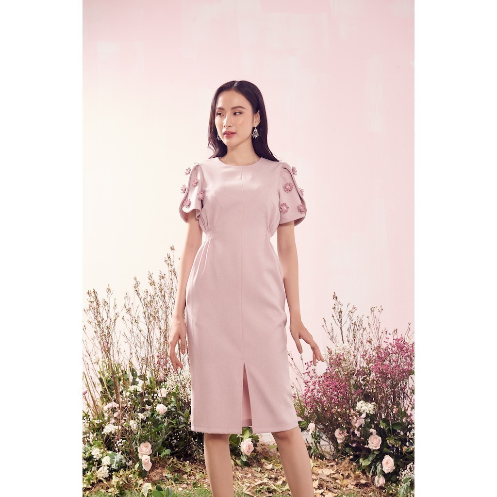 RẬP - Đầm Hồng Tay Gắn Hoa Eo Thun - SPRING 16