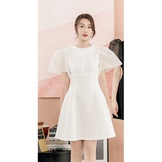 Rập - đầm trắng tay lưới phồng cổ đính hạt - pubbi 06 trắng