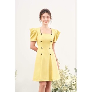 RẬP - Đầm Vàng Cổ Vuông Tay Xếp Ly Thân Đính Nút - MAY 05