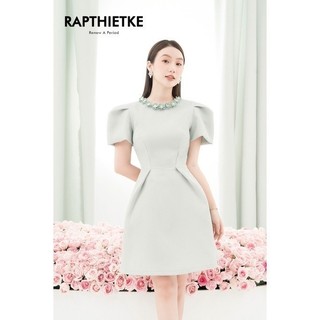 RẬP - Đầm Xanh Cổ Tròn Đính Hoa Tay Xếp Ly Tùng Xòe - PRETTY 04