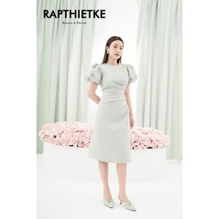 Rập - đầm xanh cổ tròn tay đính hoa eo nhún - noel 06 mint