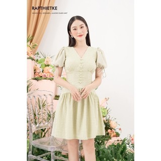 Rập - đầm xanh cổ v tay phồng đính nút trước - gigi 06 mint