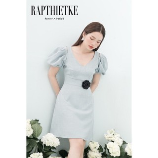 Rập - đầm xanh tay phồng cổ tim hoa đen cài eo - blue 09 xanh