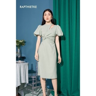 Rập - đầm xanh tay phồng khoét vai xoắn eo - green 02 mint
