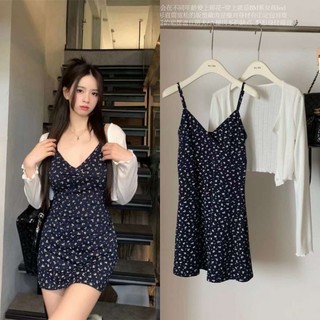 Set váy hoa nhí kèm áo khoác mỏng wg.we metwo.dearu - set váy xòe 2 dây body qc cổ v kèm áo khoác len mongtoghi