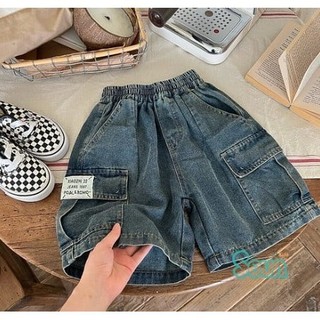 Quần jean lửng bé trai túi hộp có mác bên hông quần ngố quần bò màu denim