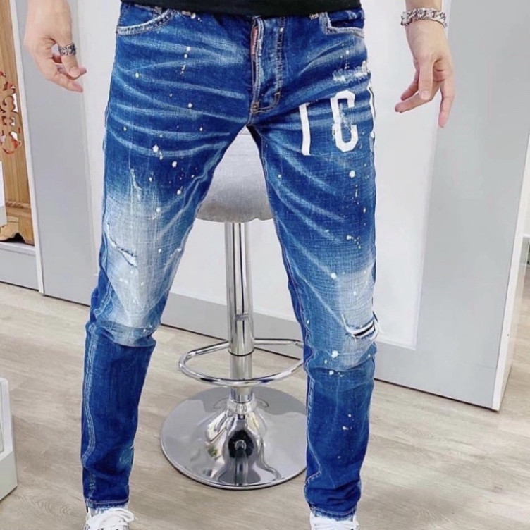 Quần Jean DSQUARED2 Xanh In Chữ ICON Trắng Quần Bò DSQ2 Xanh Chấm Sơn Phối Ống Loang Hot 2024