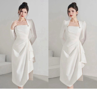 Đầm Trắng Dài Tay Dự Tiệc LYNLASTORE , Đầm Trắng, Chất Liệu Vải Chéo Hàn Cao Cấp Đẹp Quyến Rũ, Hàng Thiết Kế A12