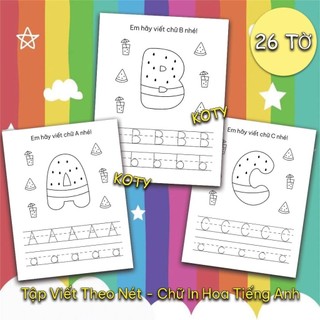 Bộ 26 Tờ Giấy Tập Viết Chữ In Hoa Theo Nét Tiếng Anh  - Tô Màu Chữ Cái ngộ nghĩnh Khổ A4,A5 Giấy Dày Đẹp TT0079