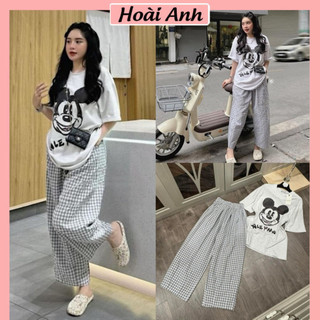 Set bộ đồ nữ áo phông xám mickey cười ngắn tay form thụng mix quần dài suông kẻ caro freesize