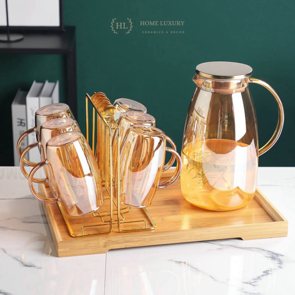 BỘ BÌNH 6 CỐC THUỶ TINH ÁNH TRAI sức chịu nóng BOROSILICATE | BỘ CỐC BÌNH THUỶ TINH 7 MÀU Ca Sỹ Pha 
