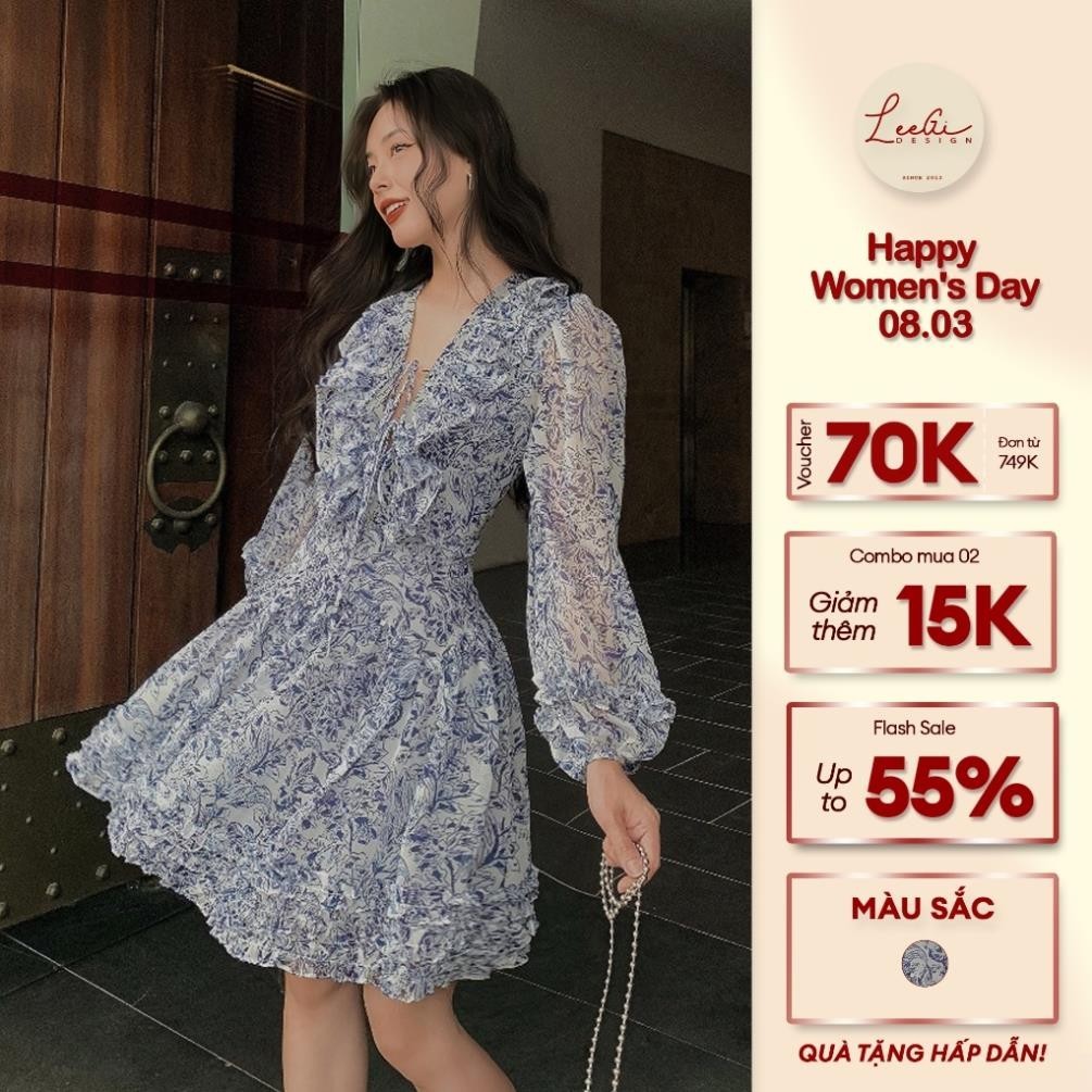 Đầm hoa nhí đan dây ngực LeeGi Design váy hoa tay dài chiết eo - Min609