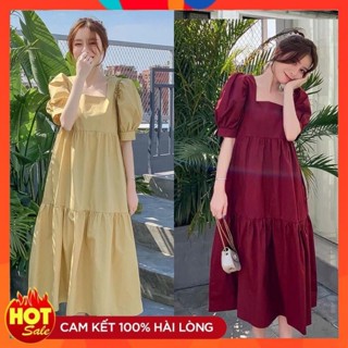 Đầm bầu thời trang babydoll, Váy bầu dự tiệc cổ vuông đẹp dáng dài