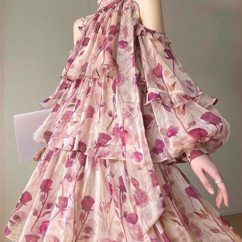 Đầm Cổ Yếm Hoa Hồng Chiffon Đầm Tay Phồng Phong Cách Pháp Thời Trang Váy Đầm Dáng Ngắn Phong Cách Tiểu Thư | BigBuy360 - bigbuy360.vn