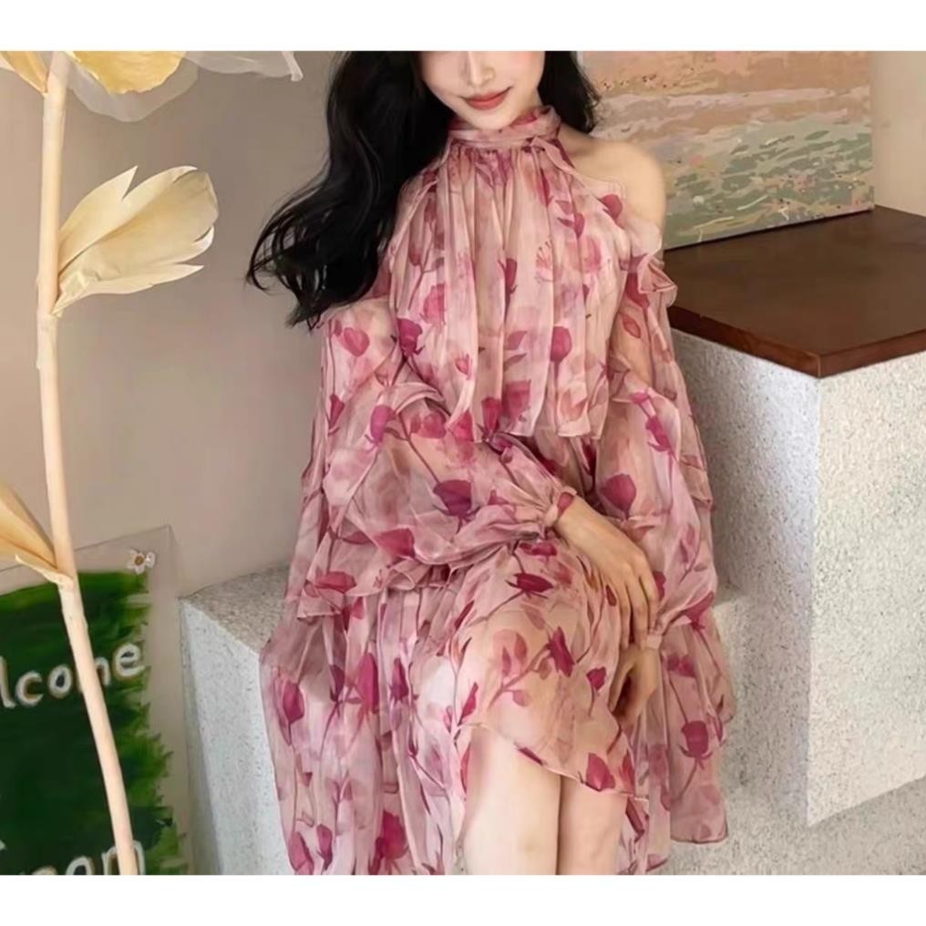 Đầm Cổ Yếm Hoa Hồng Chiffon Đầm Tay Phồng Phong Cách Pháp Thời Trang Váy Đầm Dáng Ngắn Phong Cách Tiểu Thư | BigBuy360 - bigbuy360.vn