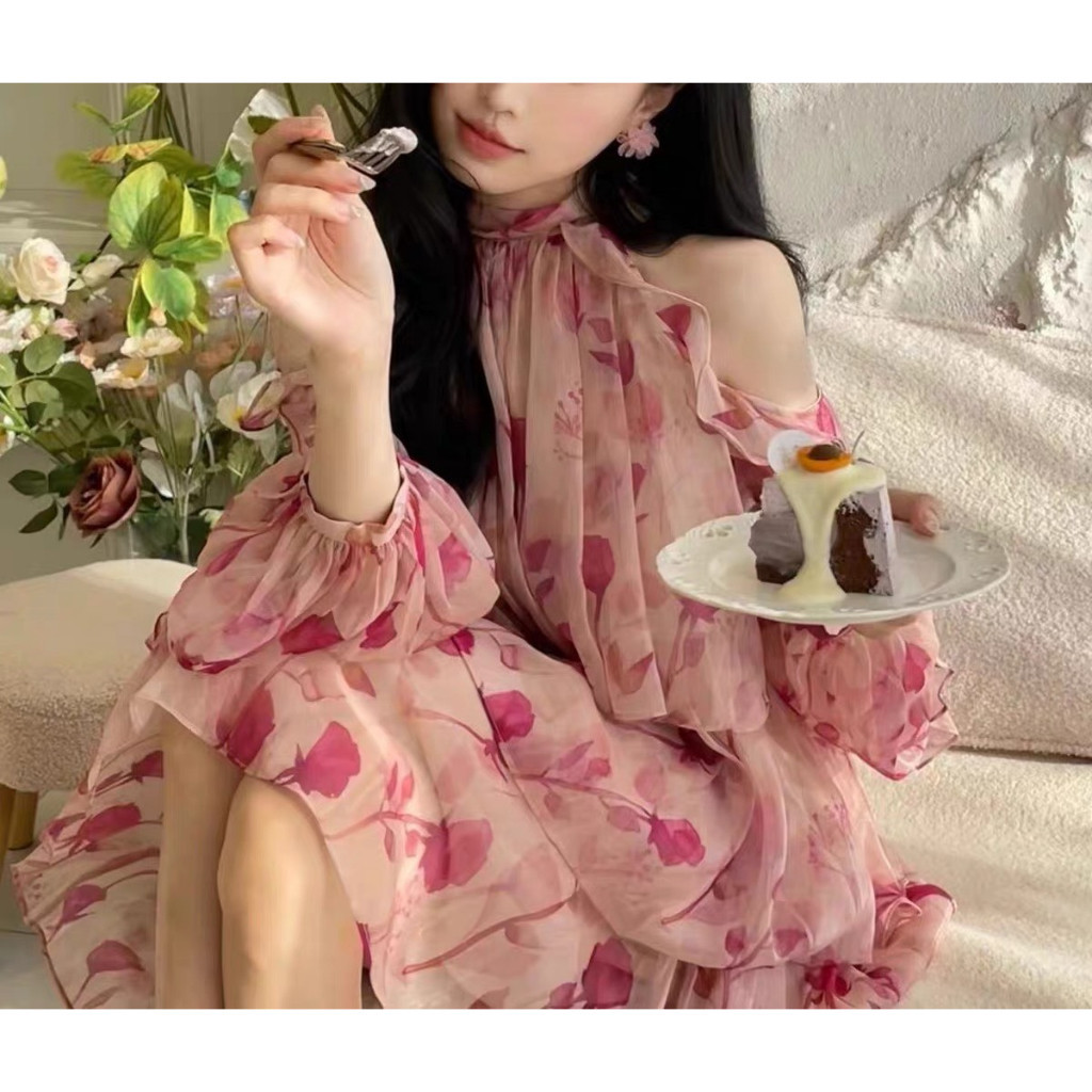 Đầm Cổ Yếm Hoa Hồng Chiffon Đầm Tay Phồng Phong Cách Pháp Thời Trang Váy Đầm Dáng Ngắn Phong Cách Tiểu Thư | BigBuy360 - bigbuy360.vn