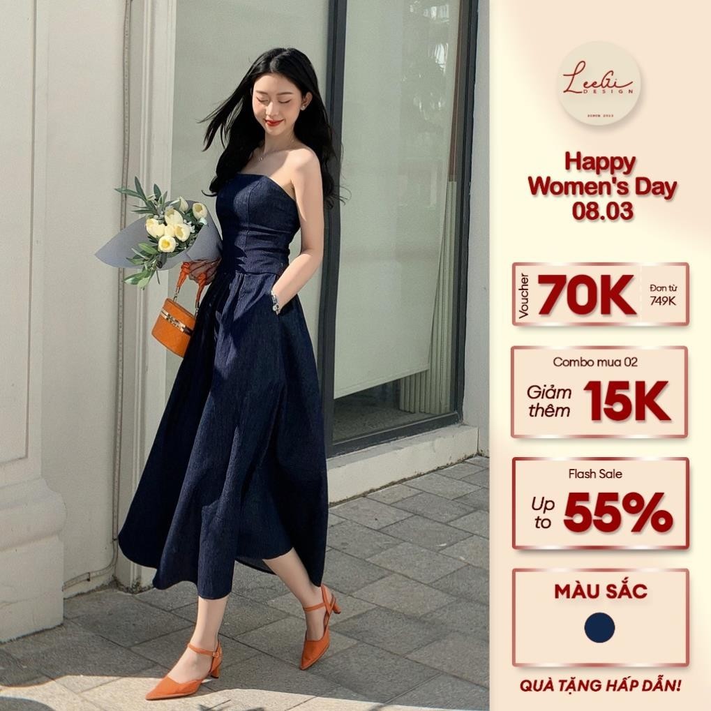 Váy denim cup ngực dáng dài LeeGi Design đầm denim xoè dự tiệc sang chảnh - Min676
