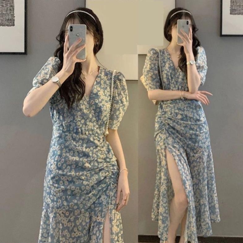 Váy hoa nhí xanh mát cổ V xẻ tà dành cho mùa hè | BigBuy360 - bigbuy360.vn