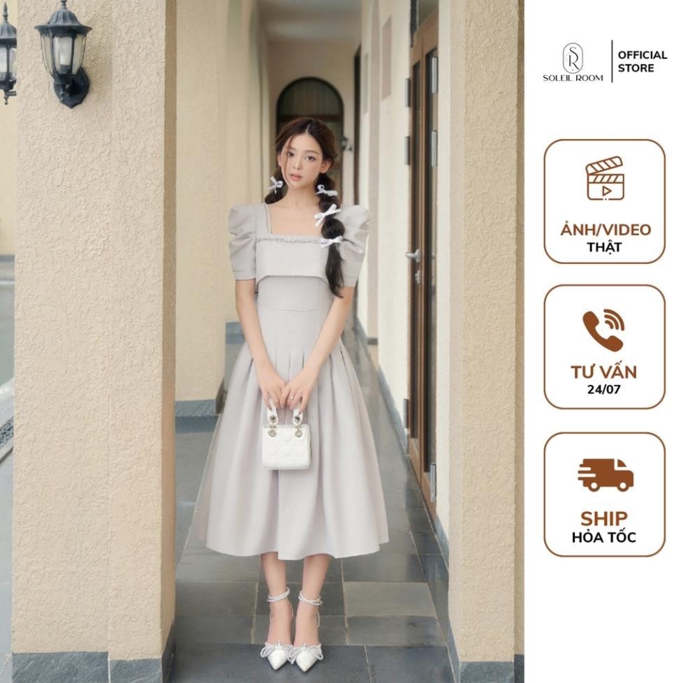 Váy Đầm Nữ Dáng Dài SOLEIL ROOM Tay Bồng Xếp Ly Cách Điệu Phối Đá Tiểu Thư LIA DRESS | BigBuy360 - bigbuy360.vn