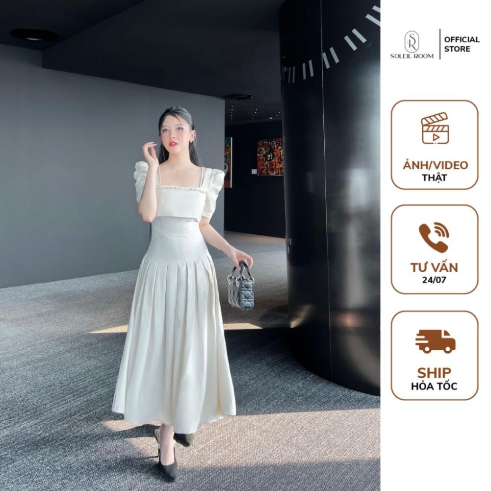 Váy Đầm Nữ Dáng Dài SOLEIL ROOM Tay Bồng Xếp Ly Cách Điệu Phối Đá Tiểu Thư LIA DRESS