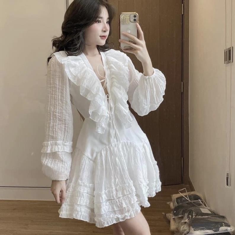 [V108] Váy Tơ Nhăn Cổ V Đan Dây Dáng Xoè Tiểu Thư 2 Màu Hàng 2 Lớp Có Ảnh Thật