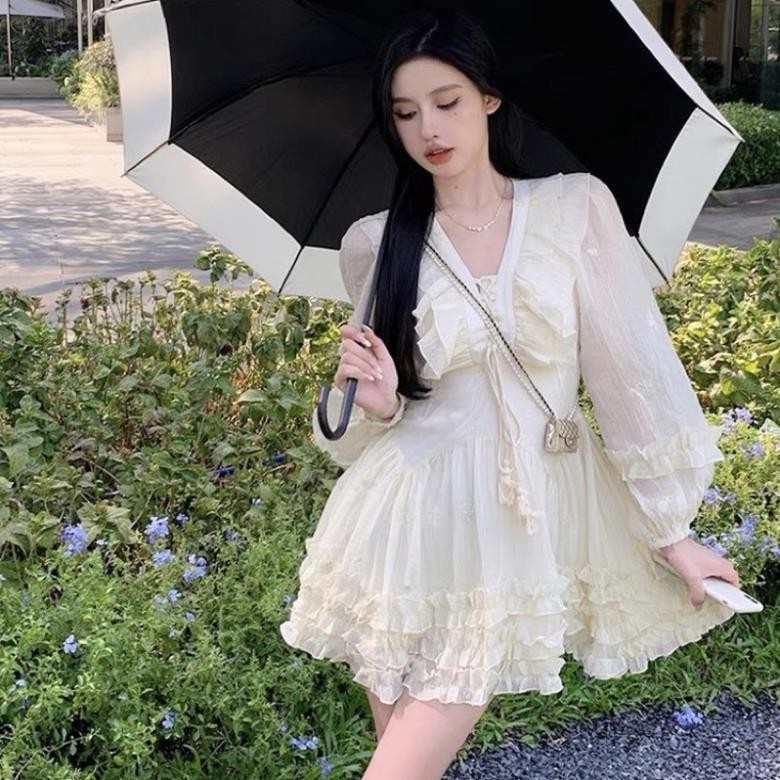 [V108] Váy Tơ Nhăn Cổ V Đan Dây Dáng Xoè Tiểu Thư 2 Màu Hàng 2 Lớp Có Ảnh Thật | BigBuy360 - bigbuy360.vn