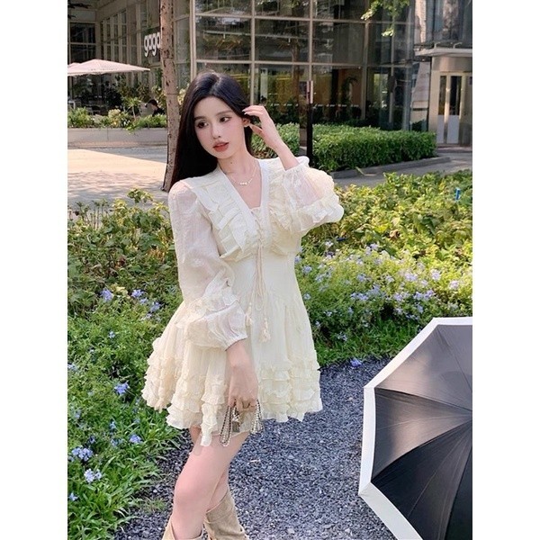 [V108] Váy Tơ Nhăn Cổ V Đan Dây Dáng Xoè Tiểu Thư 2 Màu Hàng 2 Lớp Có Ảnh Thật | BigBuy360 - bigbuy360.vn