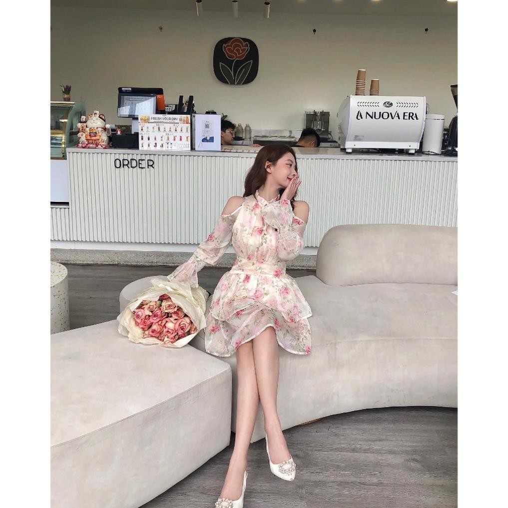 Váy đầm tơ hoa khoét vai dáng xòe hai tầng đi chơi đi biển Vayemcloset | BigBuy360 - bigbuy360.vn