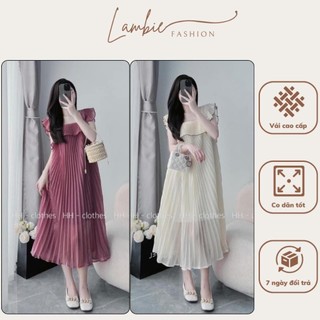 Váy bầu, đầm bầu thời trang LAMBIE dáng babydoll  vải tơ cao cấp thiết kế dập ly phối tay cánh tiên xinh xắn