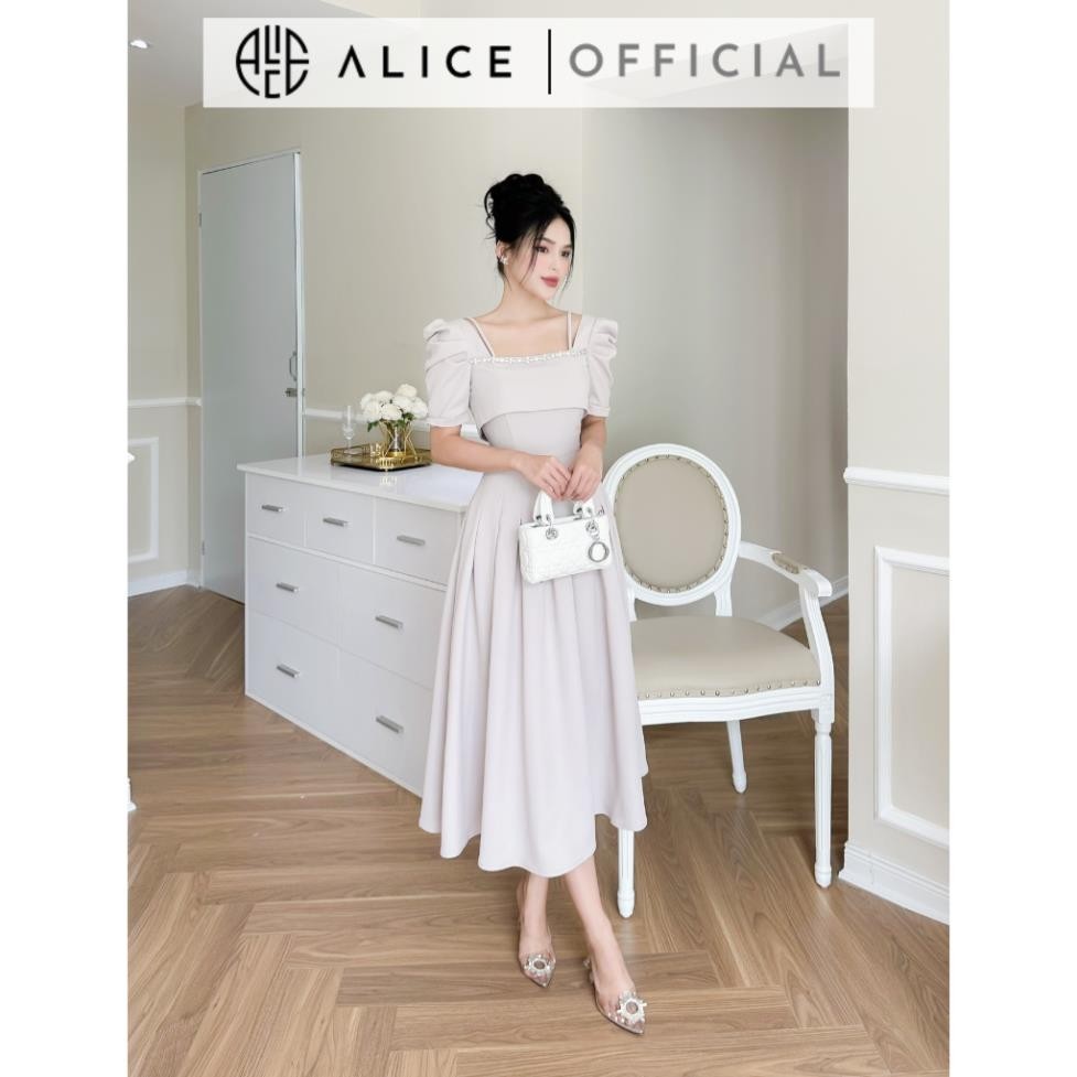 Váy Xoè Cổ Vuông ALICE Đính Đá Tay Bồng Chiết Li Eo, Chất Tuyết Mưa Cao Cấp, Phù Hợp Đi Làm Đi Chơi V943 | BigBuy360 - bigbuy360.vn