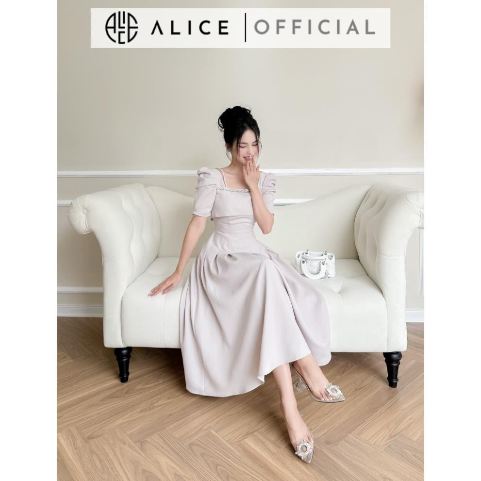 Váy Xoè Cổ Vuông ALICE Đính Đá Tay Bồng Chiết Li Eo, Chất Tuyết Mưa Cao Cấp, Phù Hợp Đi Làm Đi Chơi V943 | BigBuy360 - bigbuy360.vn