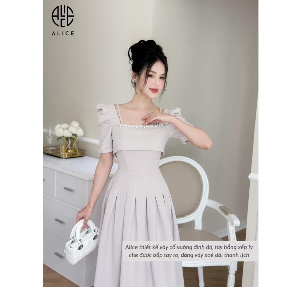 Váy Xoè Cổ Vuông ALICE Đính Đá Tay Bồng Chiết Li Eo, Chất Tuyết Mưa Cao Cấp, Phù Hợp Đi Làm Đi Chơi V943 | BigBuy360 - bigbuy360.vn