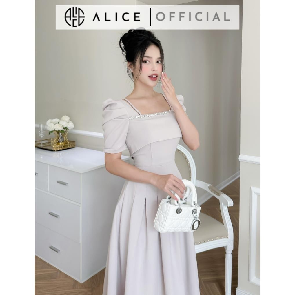 Váy Xoè Cổ Vuông ALICE Đính Đá Tay Bồng Chiết Li Eo, Chất Tuyết Mưa Cao Cấp, Phù Hợp Đi Làm Đi Chơi V943 | BigBuy360 - bigbuy360.vn