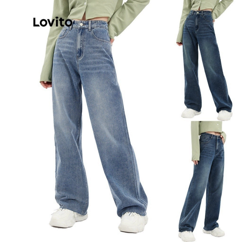 Quần jean sờn Lovito eo cao ống loe màu trơn phong cách thường ngày quần jean ống rộng quần bò ống suông L30AD050 (màu x